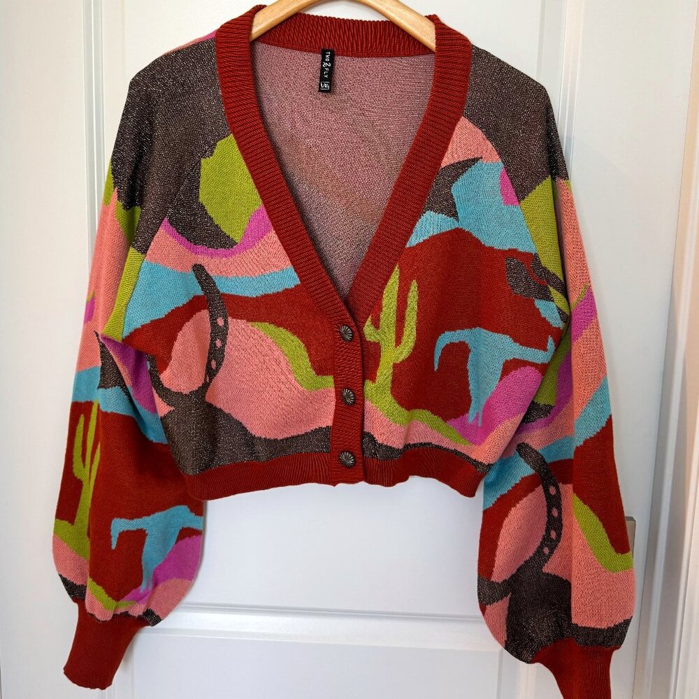 Cropped western style abstract sweater cardigan